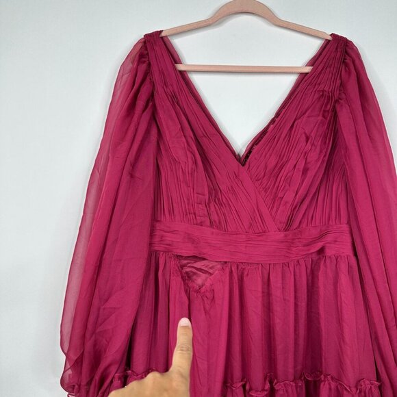 FLAWED - NWT Mac Duggal Ruffle Tiered Puff Sleeve A Line Gown 18 Berry #8247 - Picture 9 of 16